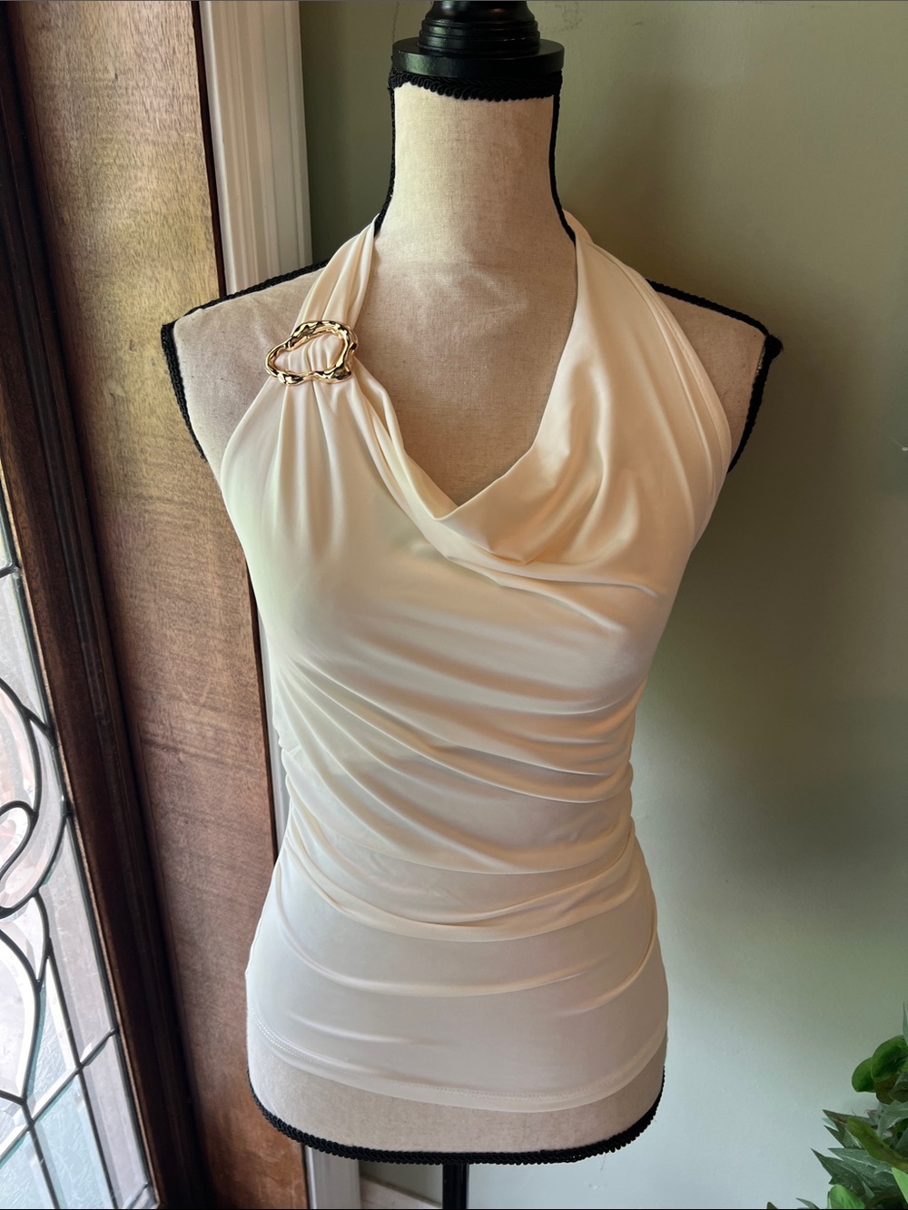 One-Shoulder Cream Halter Dress with Gold Ring Accent